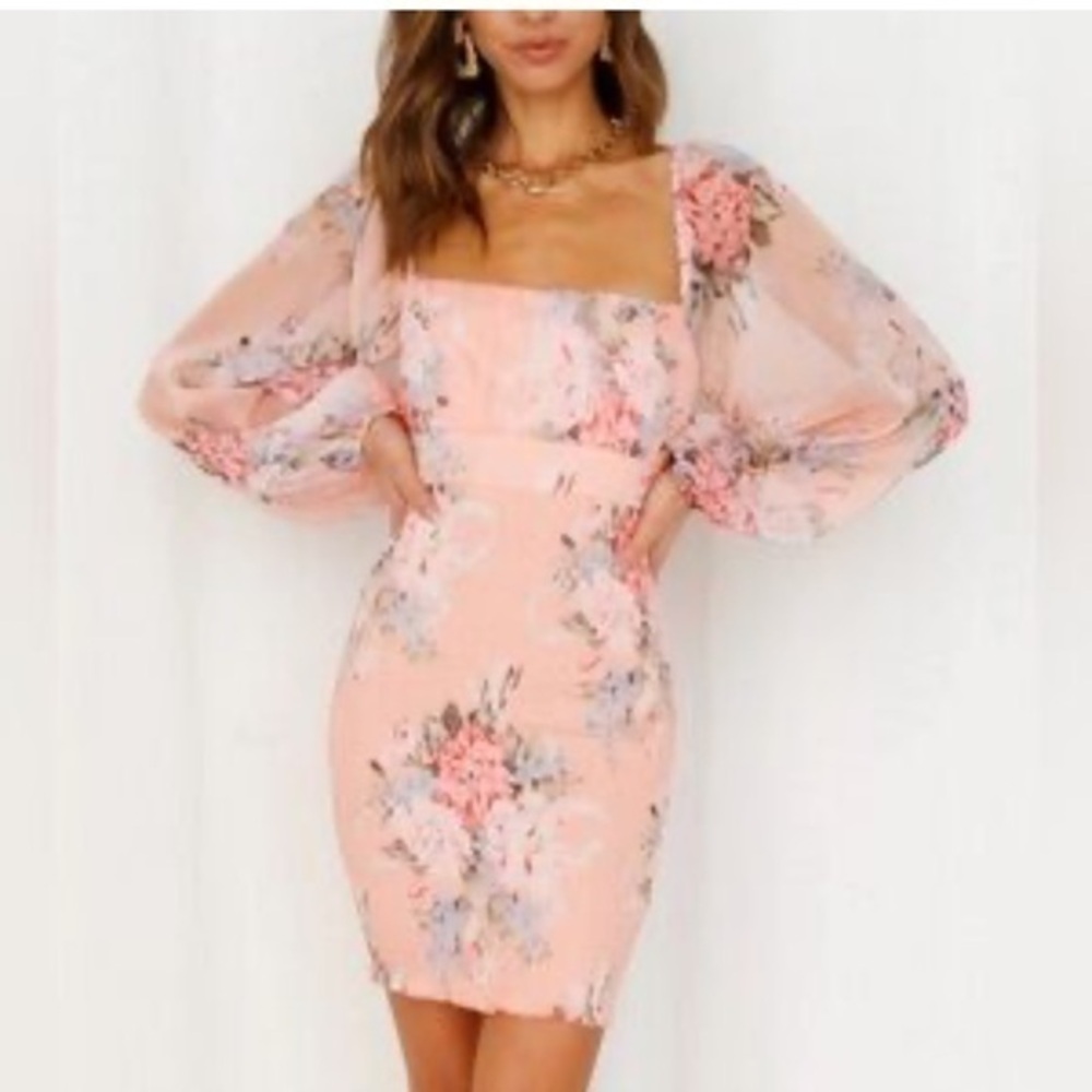 NWT Hello Molly I Know Me Peach Floral Mini Dress Ruched Chiffon Tie Back Sz S/4